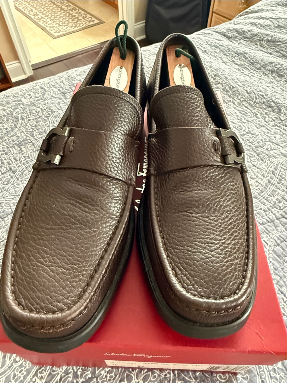 Salvatore Ferragamo Brown Pebbled Leather Slip-On Loafers